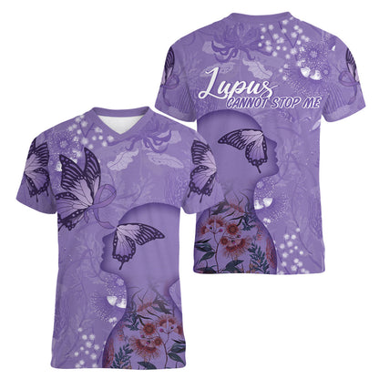 Lupus Cannot Stop Me Australia Floral Women V-Neck T-Shirt Purple Ribbon