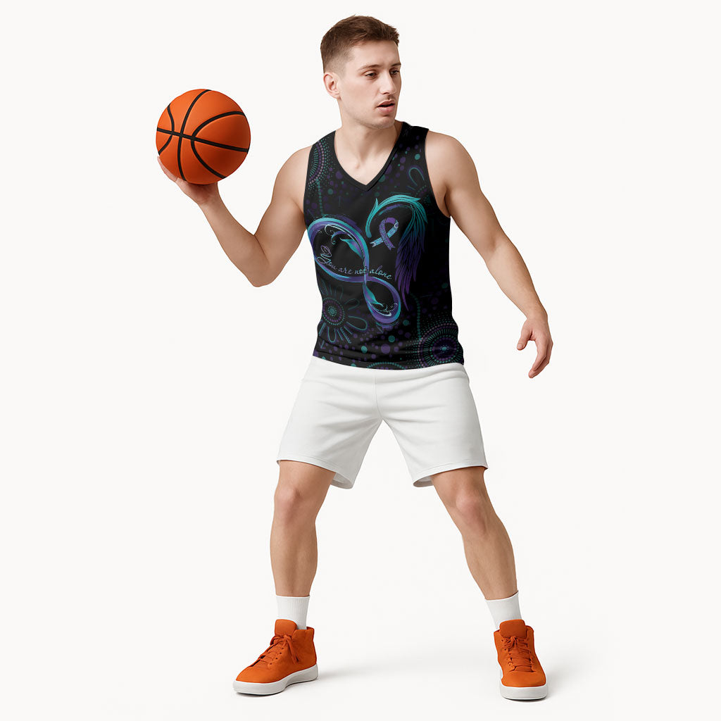 Personalized Australia Indigenous Infinity Heart Basketball Jersey Purple Teal Ribbon You Are Not Alone