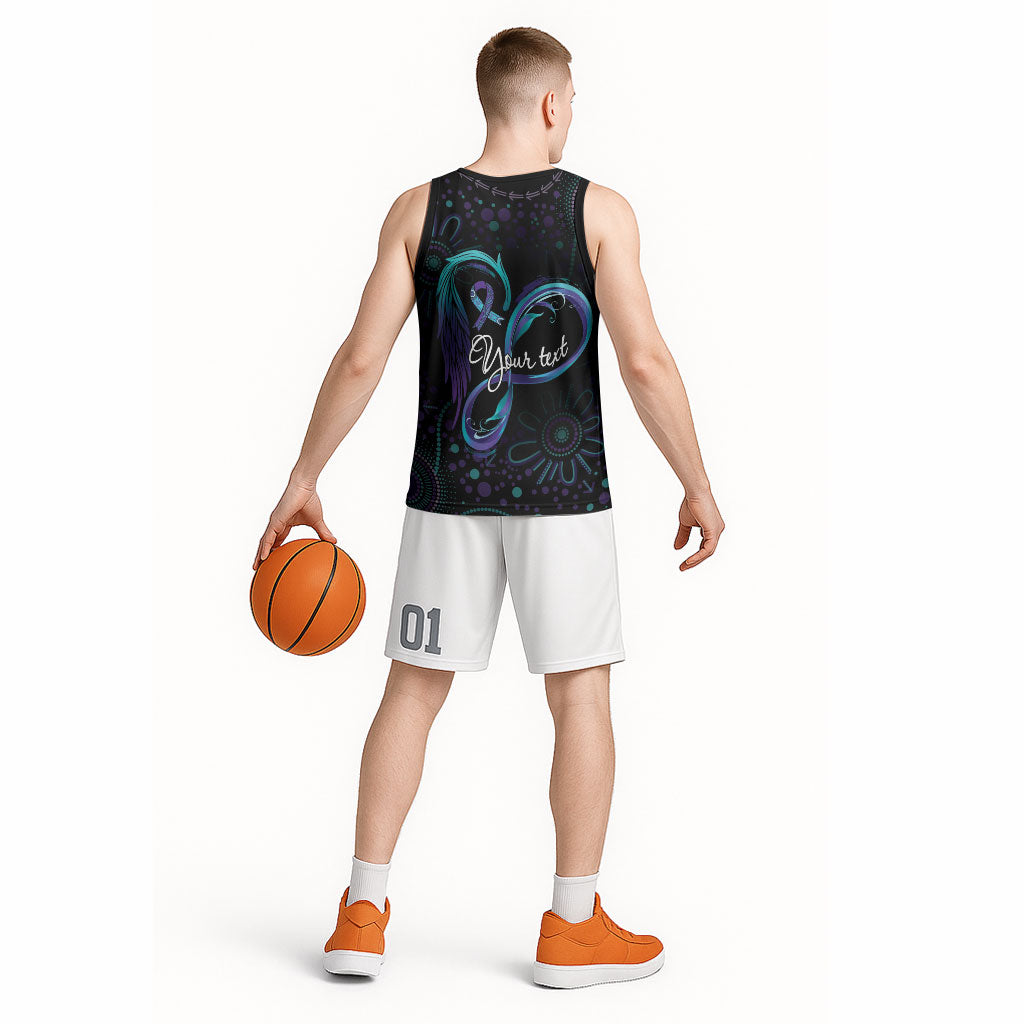 Personalized Australia Indigenous Infinity Heart Basketball Jersey Purple Teal Ribbon You Are Not Alone