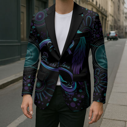 Personalized Australia Indigenous Infinity Heart Blazer Purple Teal Ribbon You Are Not Alone