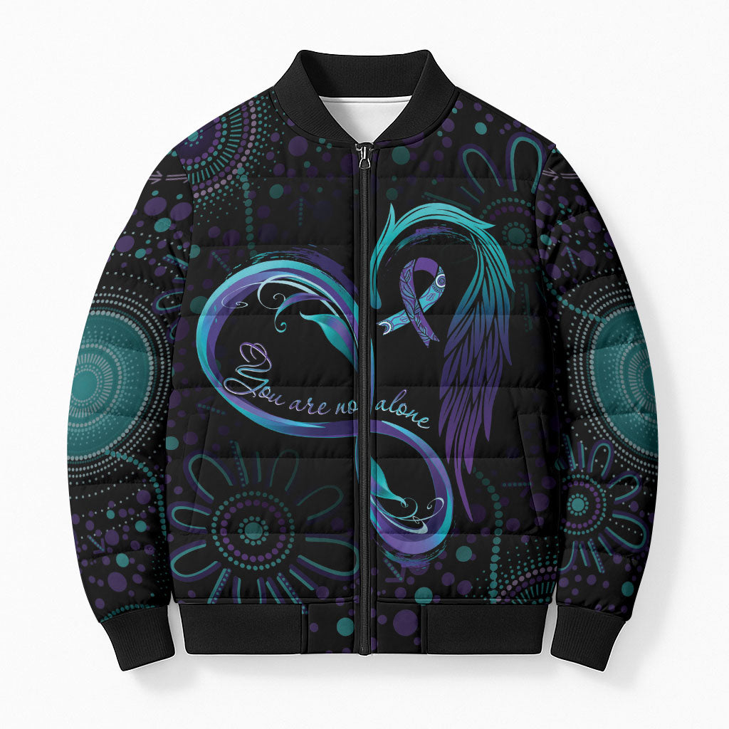 Personalized Australia Indigenous Infinity Heart Bomber Puffer Jacket Purple Teal Ribbon You Are Not Alone