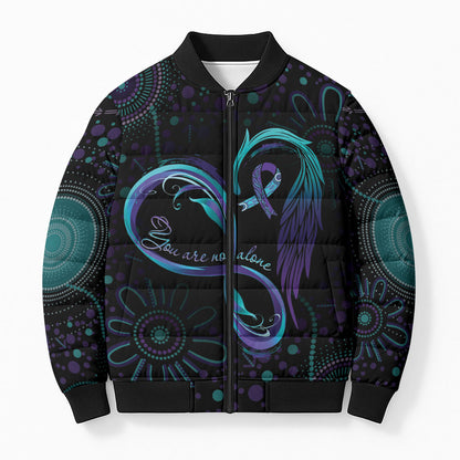 Personalized Australia Indigenous Infinity Heart Bomber Puffer Jacket Purple Teal Ribbon You Are Not Alone