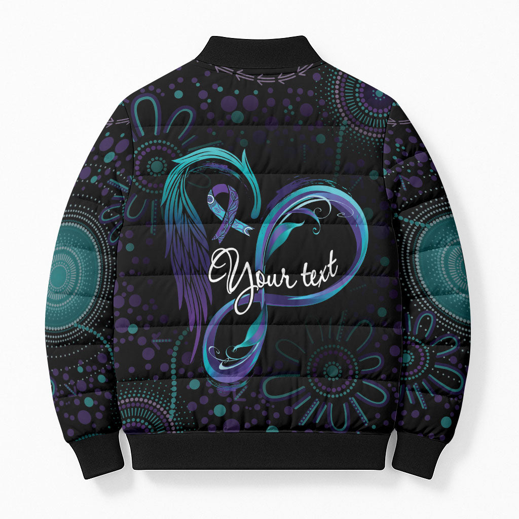 Personalized Australia Indigenous Infinity Heart Bomber Puffer Jacket Purple Teal Ribbon You Are Not Alone