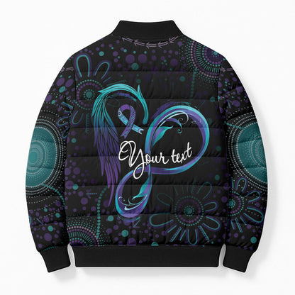 Personalized Australia Indigenous Infinity Heart Bomber Puffer Jacket Purple Teal Ribbon You Are Not Alone