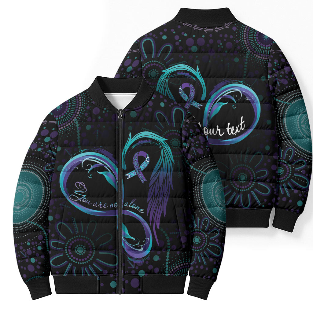 Personalized Australia Indigenous Infinity Heart Bomber Puffer Jacket Purple Teal Ribbon You Are Not Alone