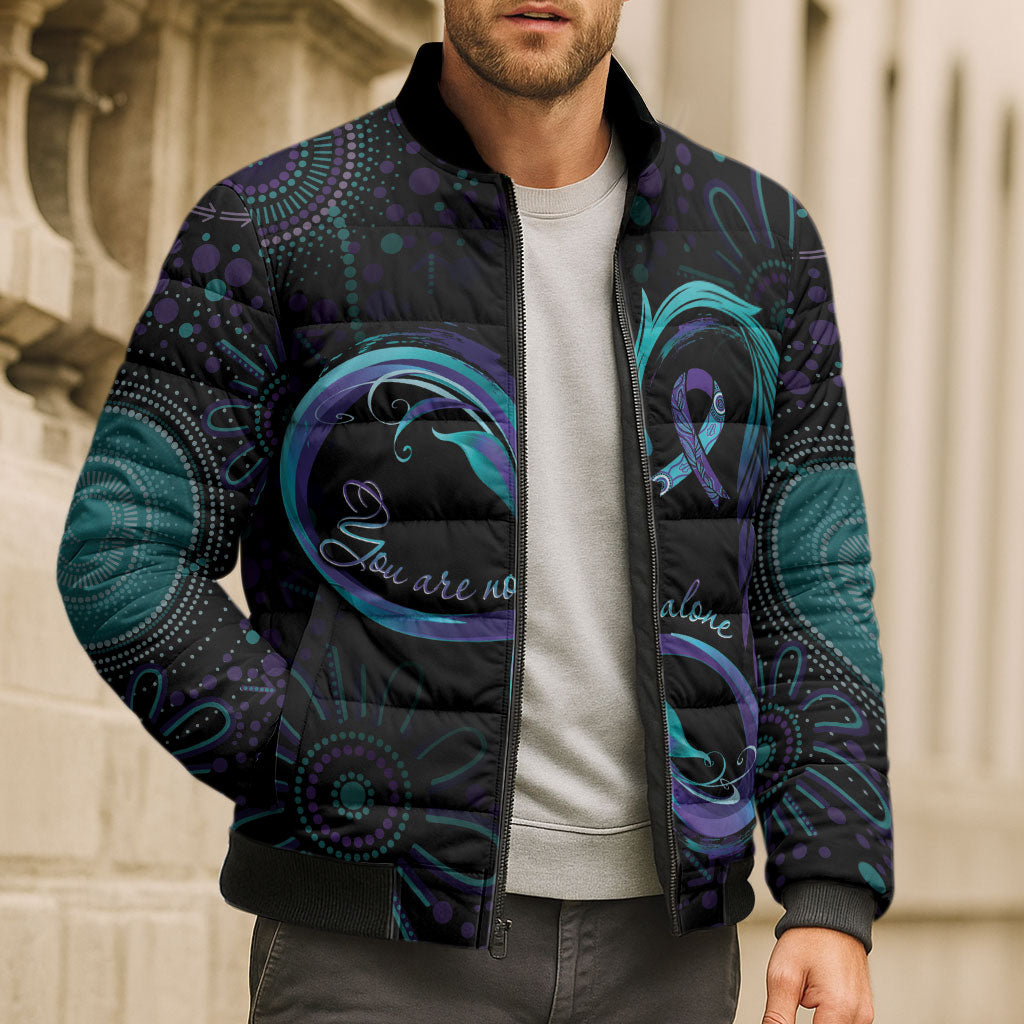 Personalized Australia Indigenous Infinity Heart Bomber Puffer Jacket Purple Teal Ribbon You Are Not Alone