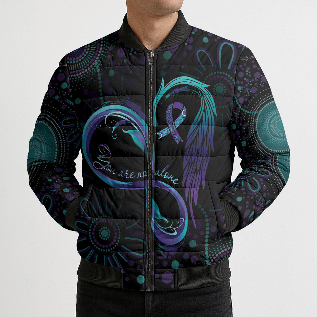 Personalized Australia Indigenous Infinity Heart Bomber Puffer Jacket Purple Teal Ribbon You Are Not Alone