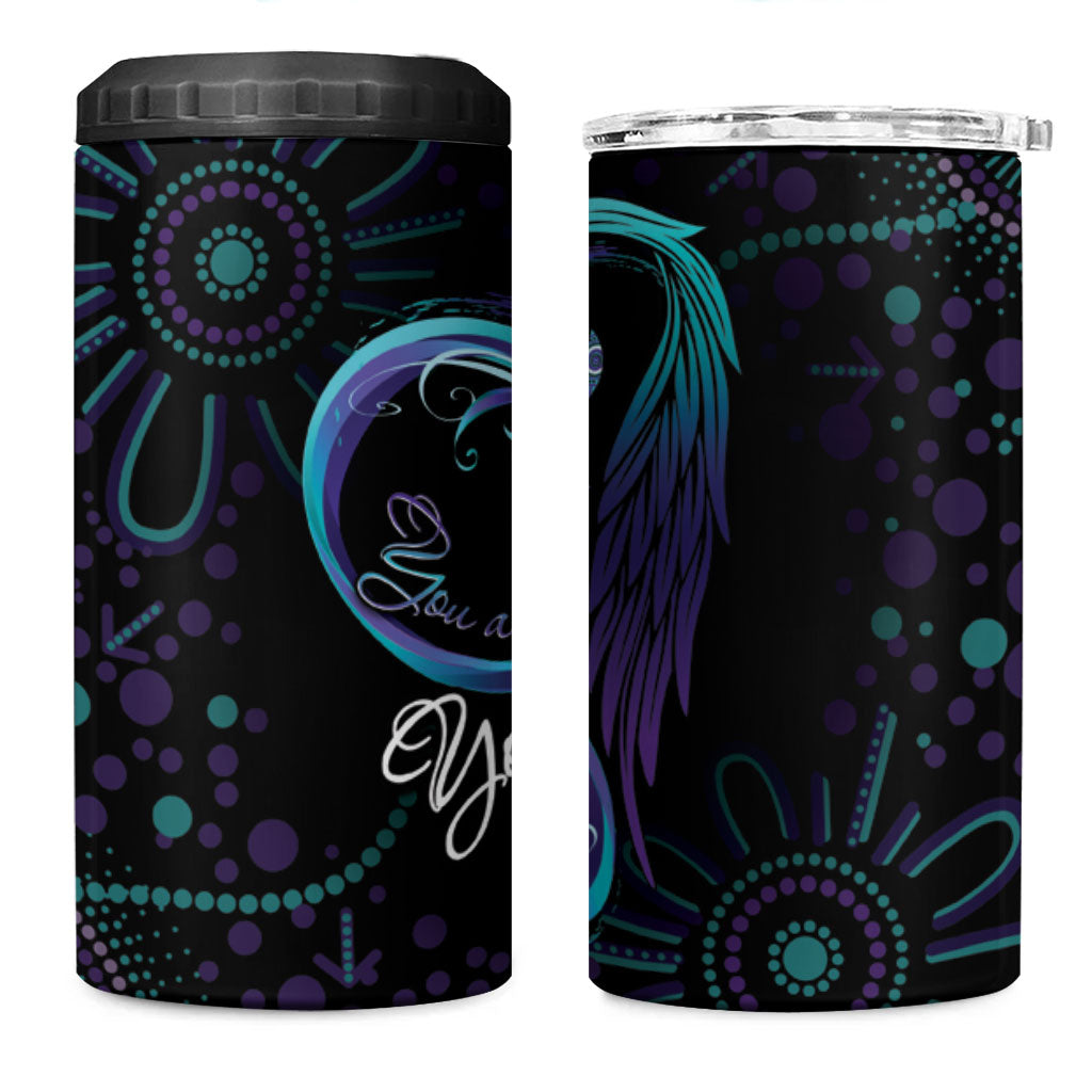 Personalized Australia Indigenous Infinity Heart 4 in 1 Can Cooler Tumbler Purple Teal Ribbon You Are Not Alone