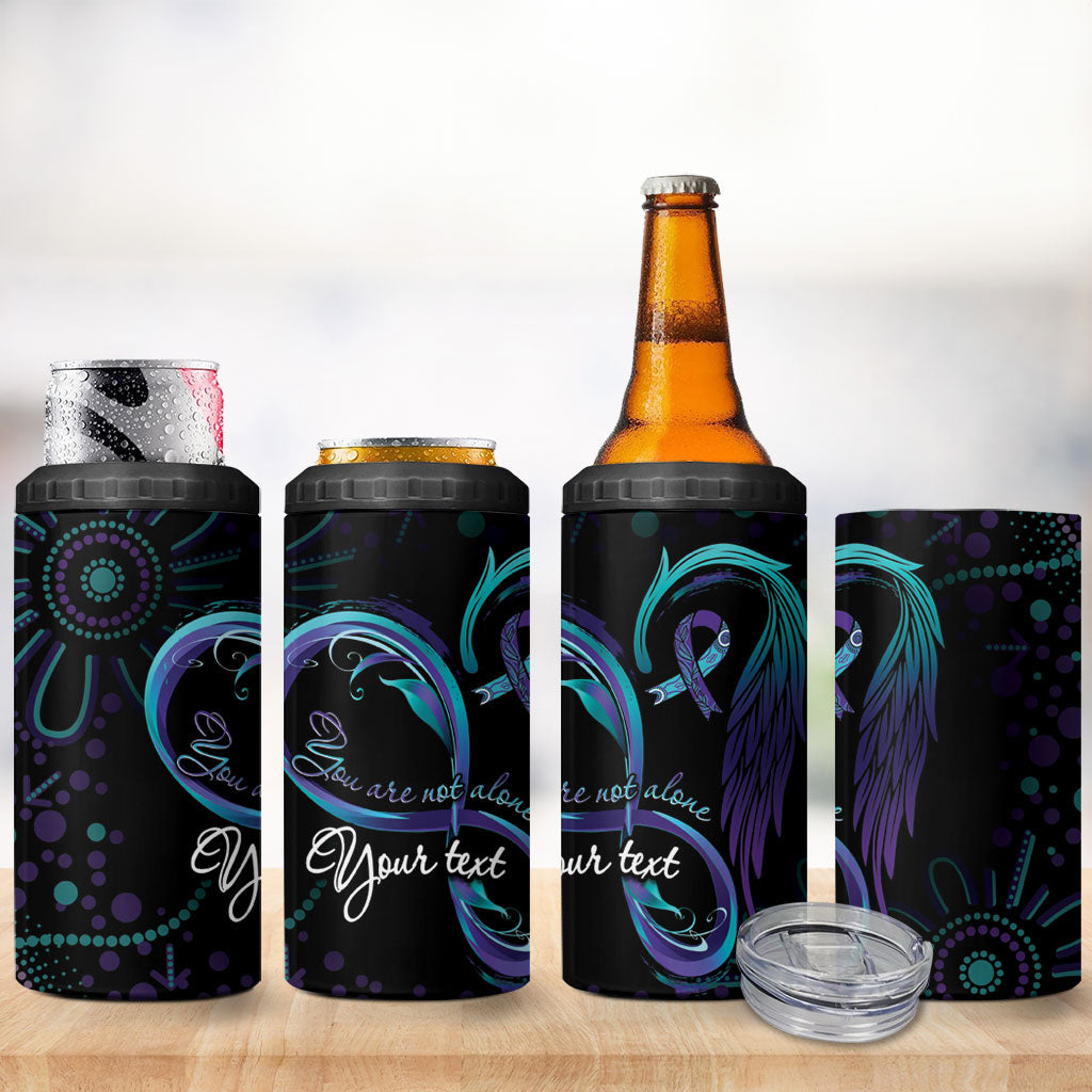 Personalized Australia Indigenous Infinity Heart 4 in 1 Can Cooler Tumbler Purple Teal Ribbon You Are Not Alone