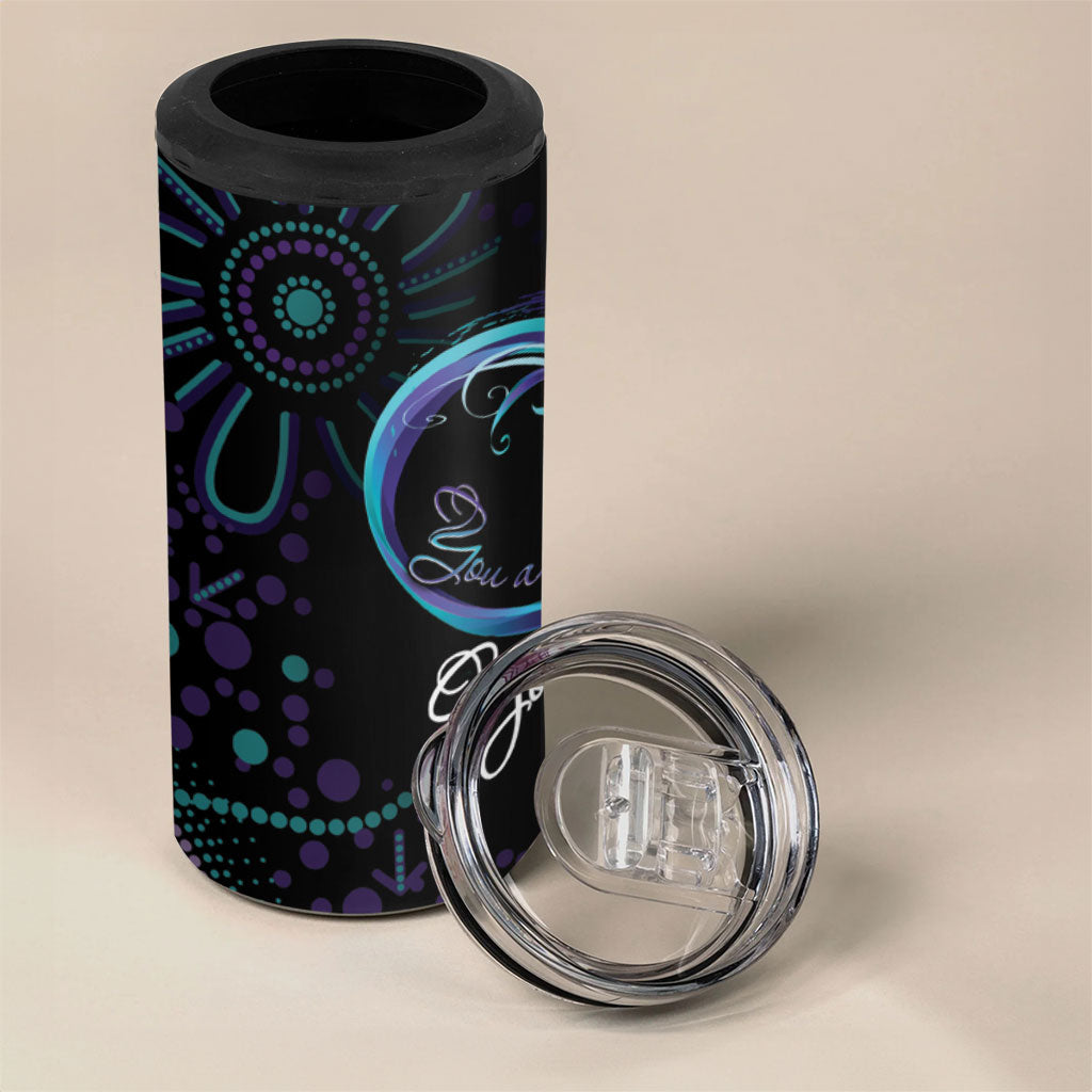 Personalized Australia Indigenous Infinity Heart 4 in 1 Can Cooler Tumbler Purple Teal Ribbon You Are Not Alone