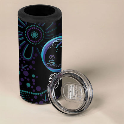 Personalized Australia Indigenous Infinity Heart 4 in 1 Can Cooler Tumbler Purple Teal Ribbon You Are Not Alone