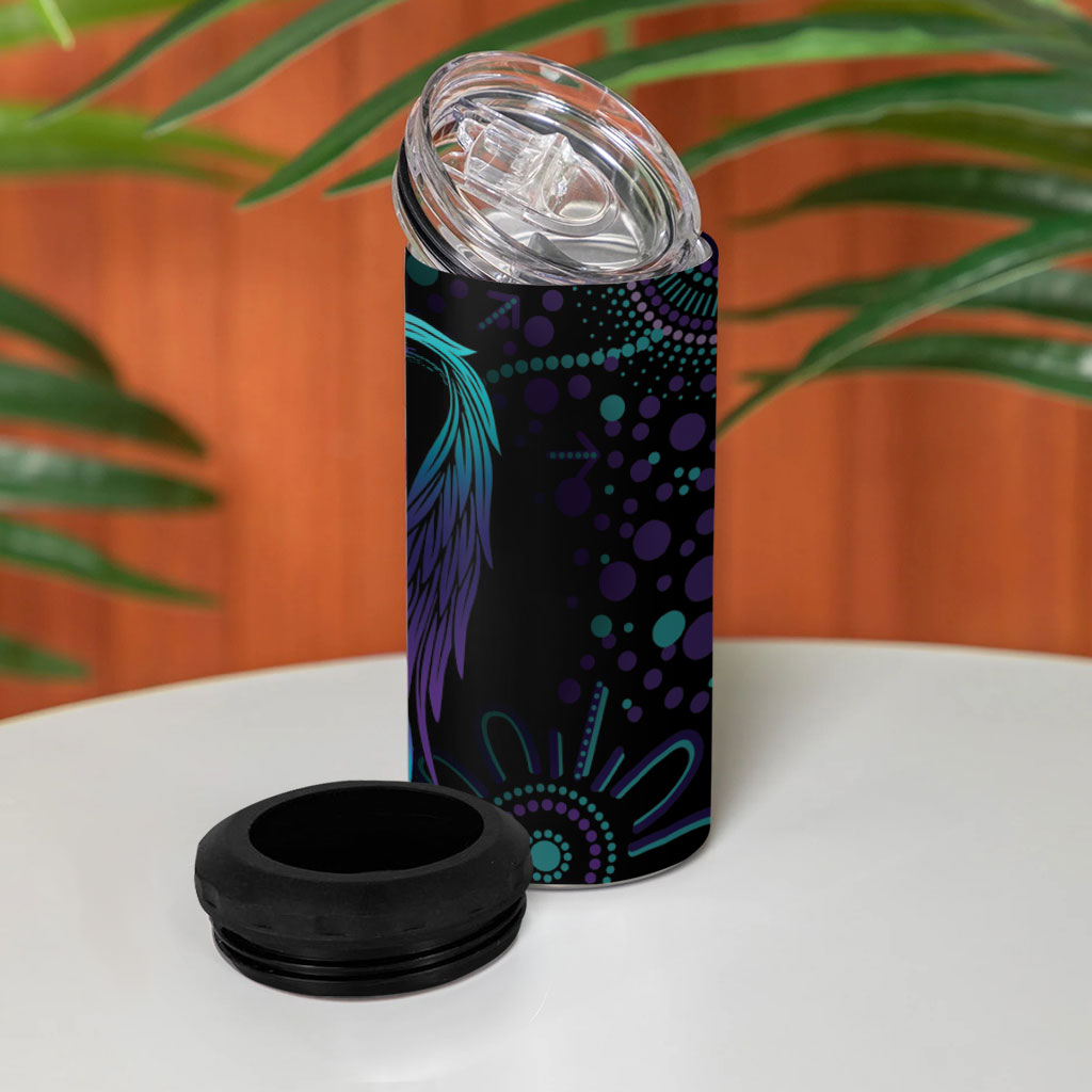 Personalized Australia Indigenous Infinity Heart 4 in 1 Can Cooler Tumbler Purple Teal Ribbon You Are Not Alone