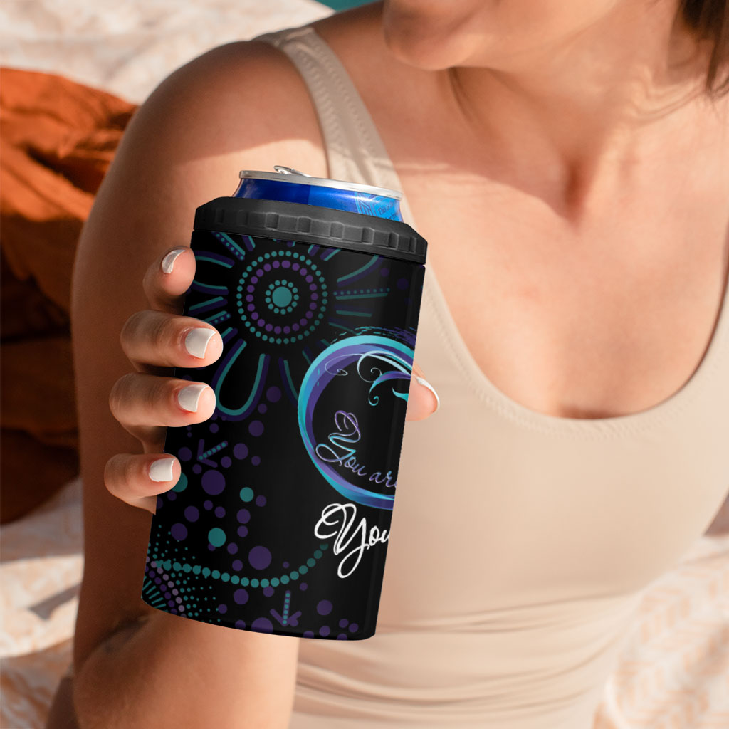Personalized Australia Indigenous Infinity Heart 4 in 1 Can Cooler Tumbler Purple Teal Ribbon You Are Not Alone