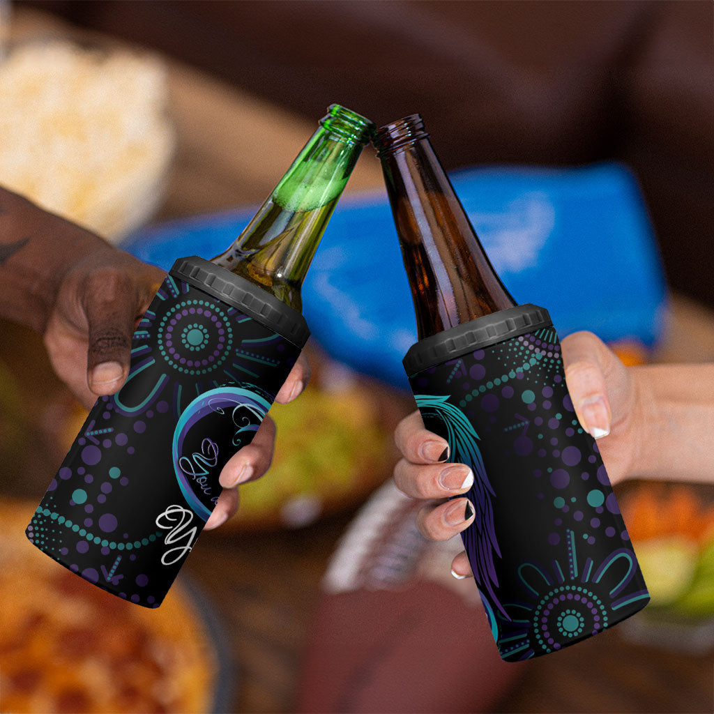 Personalized Australia Indigenous Infinity Heart 4 in 1 Can Cooler Tumbler Purple Teal Ribbon You Are Not Alone