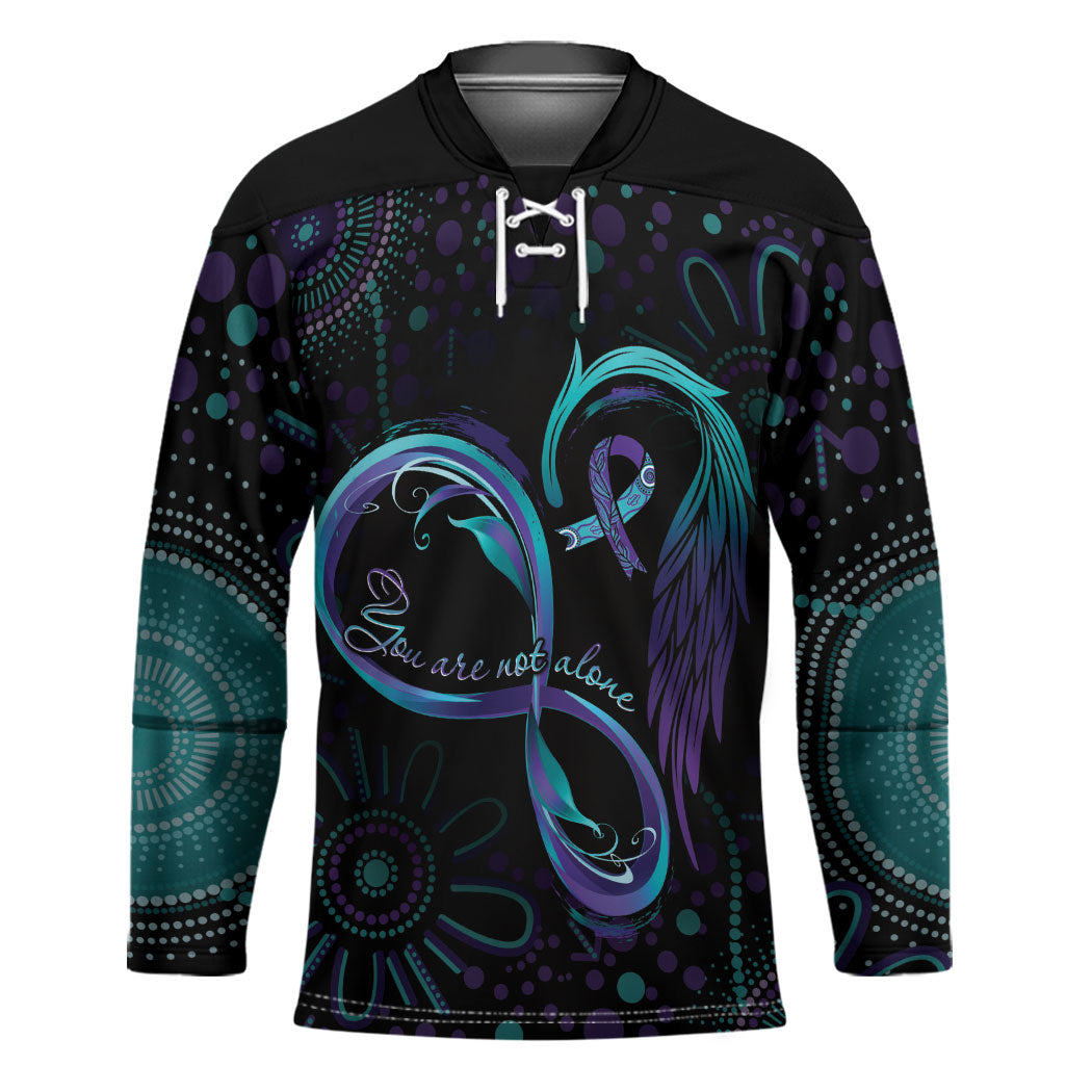 Personalized Australia Indigenous Infinity Heart Hockey Jersey Purple Teal Ribbon You Are Not Alone