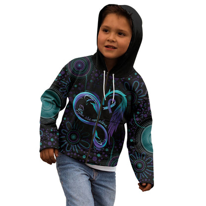 Personalized Australia Indigenous Infinity Heart Kid Hoodie Purple Teal Ribbon You Are Not Alone