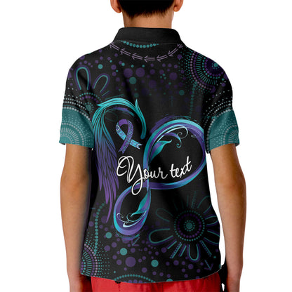 Personalized Australia Indigenous Infinity Heart Kid Polo Shirt Purple Teal Ribbon You Are Not Alone