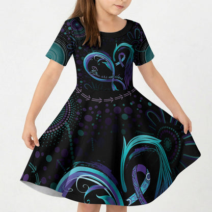 Personalized Australia Indigenous Infinity Heart Kid Short Sleeve Dress Purple Teal Ribbon You Are Not Alone