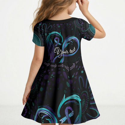 Personalized Australia Indigenous Infinity Heart Kid Short Sleeve Dress Purple Teal Ribbon You Are Not Alone