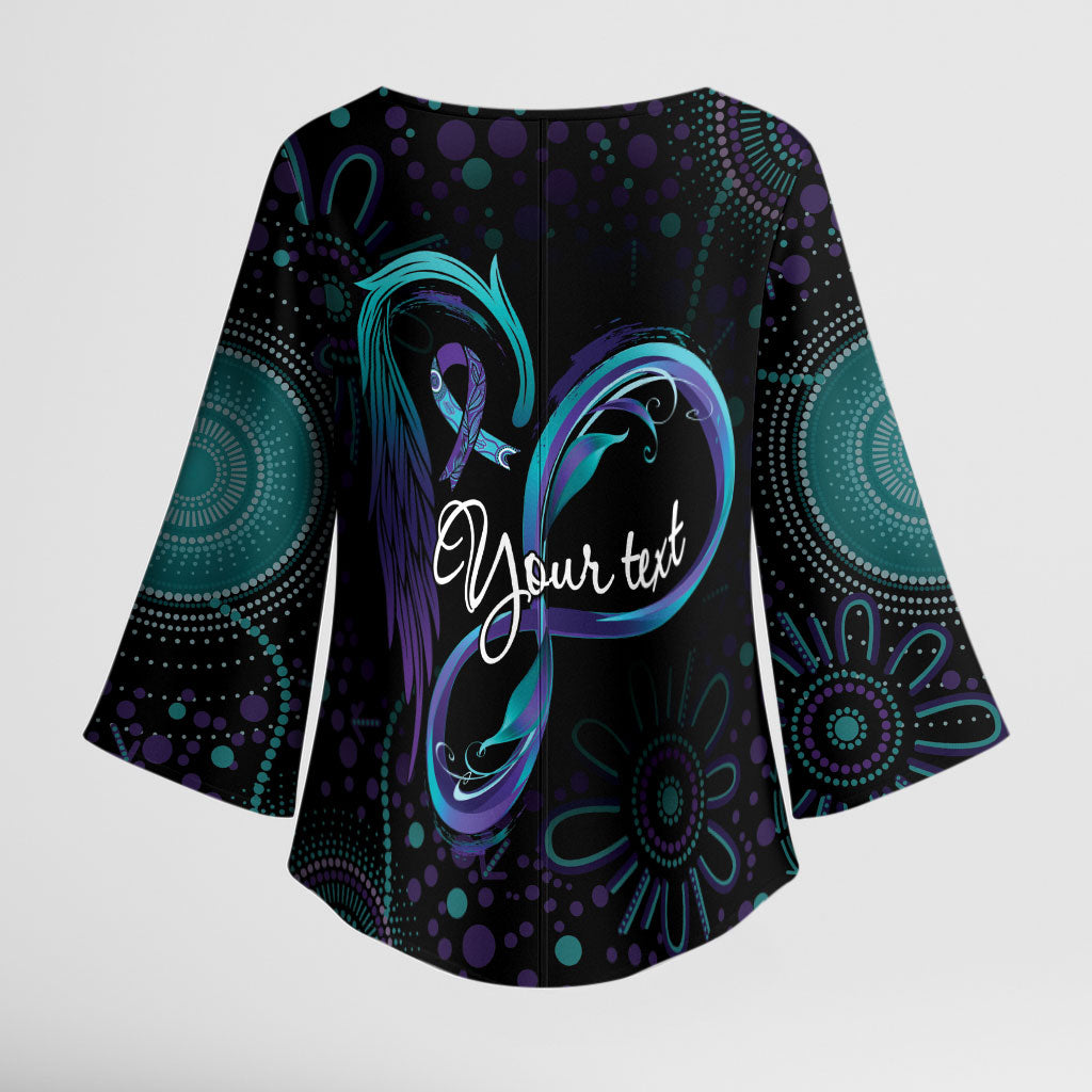 Personalized Australia Indigenous Infinity Heart Kimono Sleeve Blouse Purple Teal Ribbon You Are Not Alone