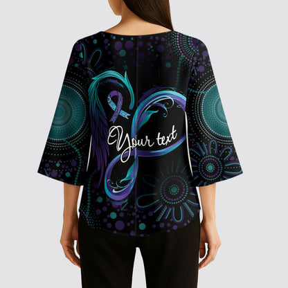 Personalized Australia Indigenous Infinity Heart Kimono Sleeve Blouse Purple Teal Ribbon You Are Not Alone