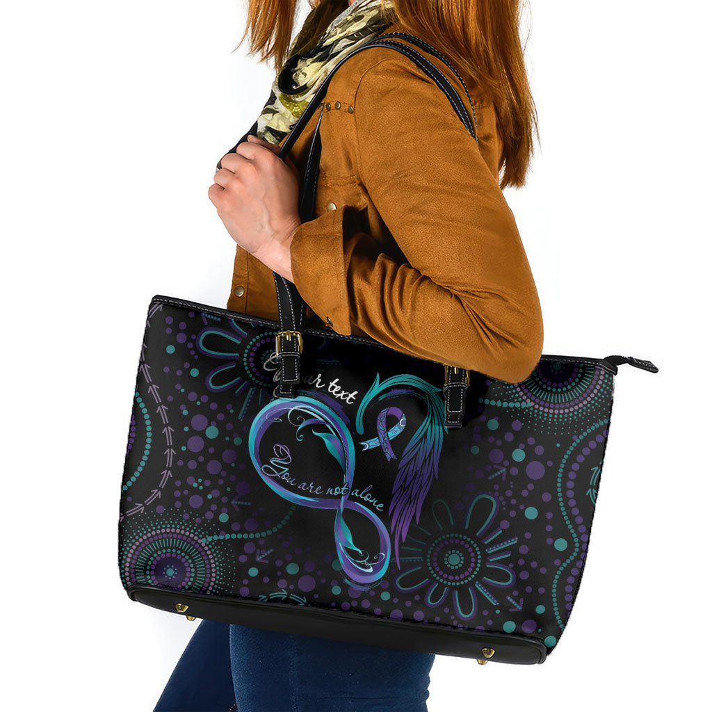 Personalized Australia Indigenous Infinity Heart Leather Tote Bag Purple Teal Ribbon You Are Not Alone