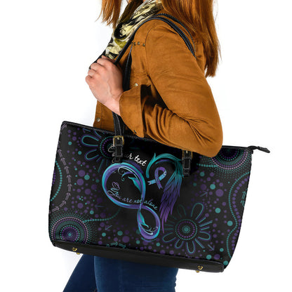 Personalized Australia Indigenous Infinity Heart Leather Tote Bag Purple Teal Ribbon You Are Not Alone