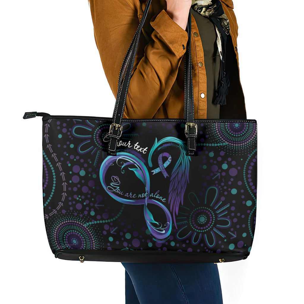 Personalized Australia Indigenous Infinity Heart Leather Tote Bag Purple Teal Ribbon You Are Not Alone