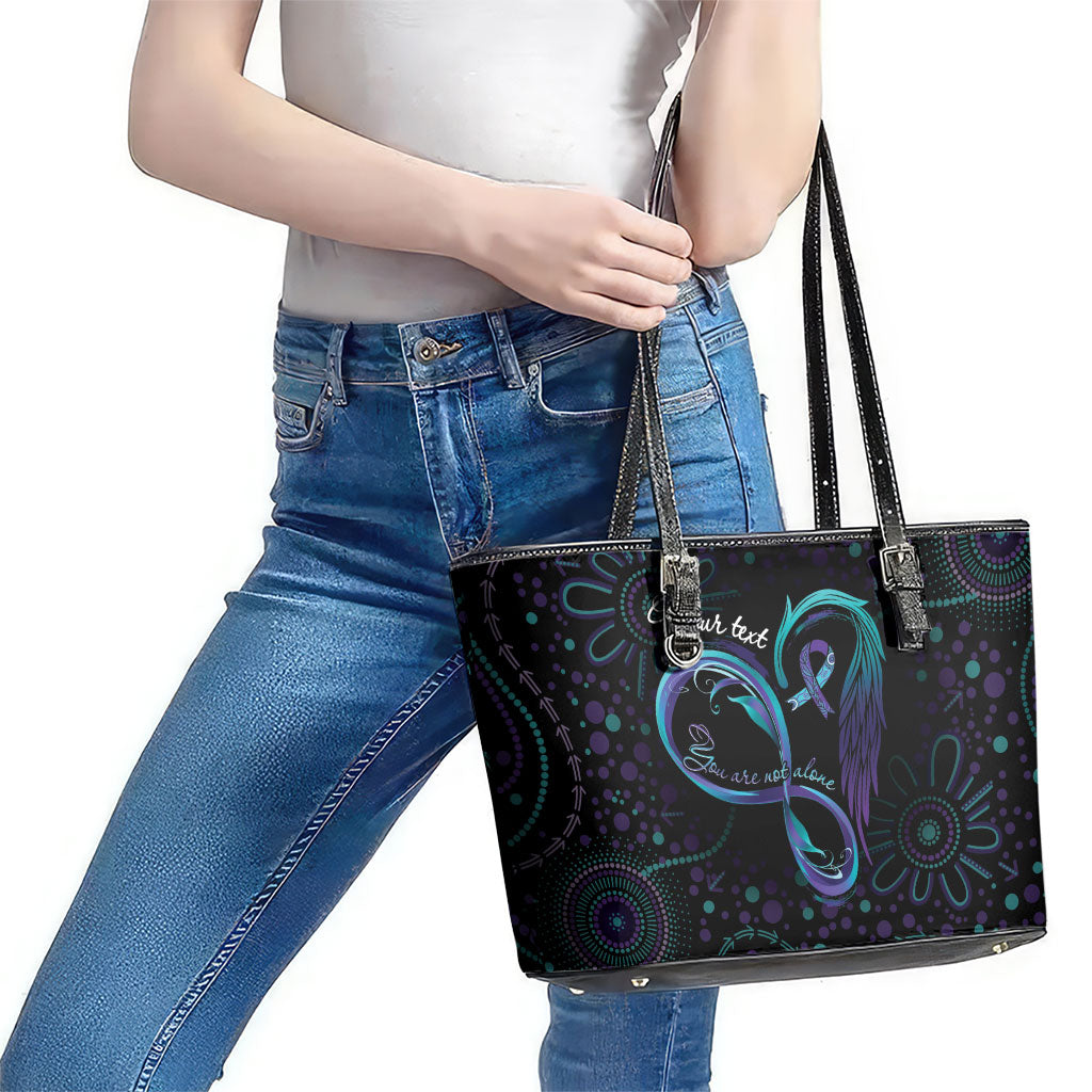 Personalized Australia Indigenous Infinity Heart Leather Tote Bag Purple Teal Ribbon You Are Not Alone