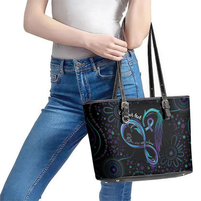 Personalized Australia Indigenous Infinity Heart Leather Tote Bag Purple Teal Ribbon You Are Not Alone
