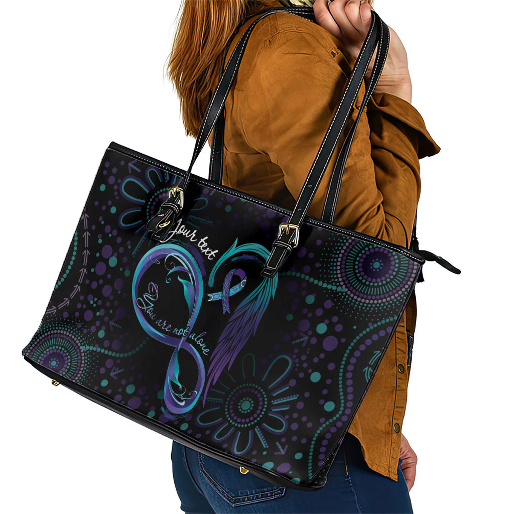 Personalized Australia Indigenous Infinity Heart Leather Tote Bag Purple Teal Ribbon You Are Not Alone