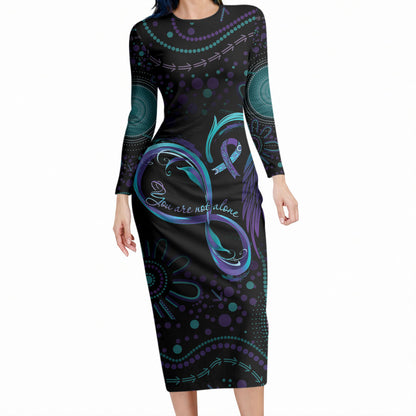Personalized Australia Indigenous Infinity Heart Long Sleeve Bodycon Dress Purple Teal Ribbon You Are Not Alone