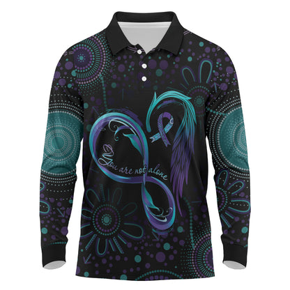 Personalized Australia Indigenous Infinity Heart Long Sleeve Polo Shirt Purple Teal Ribbon You Are Not Alone