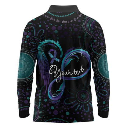 Personalized Australia Indigenous Infinity Heart Long Sleeve Polo Shirt Purple Teal Ribbon You Are Not Alone