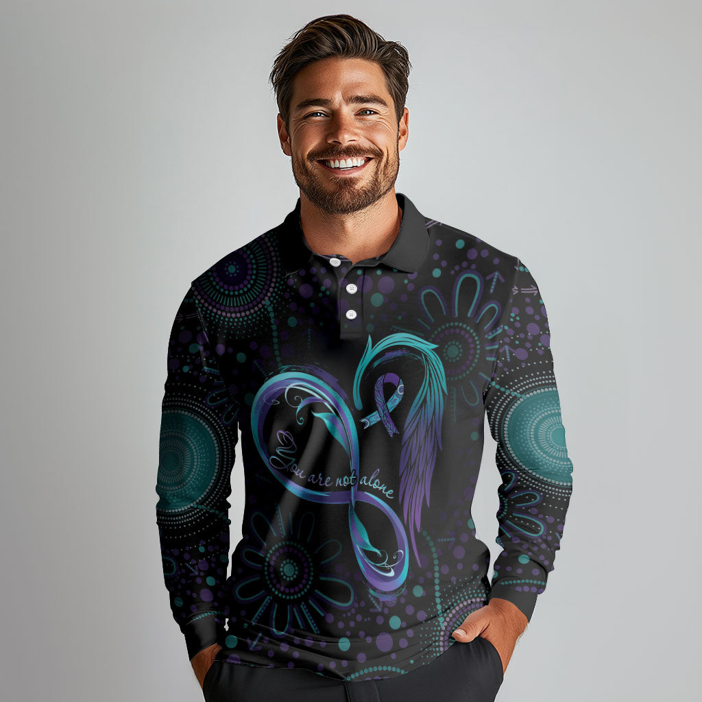 Personalized Australia Indigenous Infinity Heart Long Sleeve Polo Shirt Purple Teal Ribbon You Are Not Alone