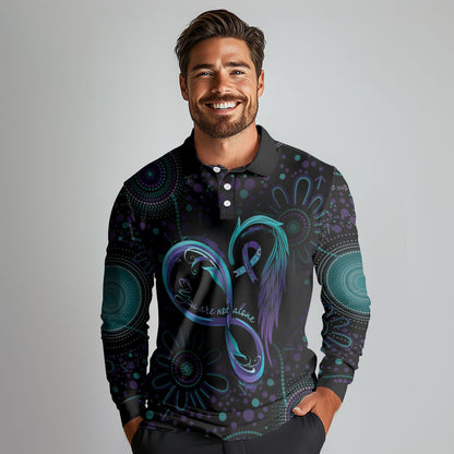 Personalized Australia Indigenous Infinity Heart Long Sleeve Polo Shirt Purple Teal Ribbon You Are Not Alone