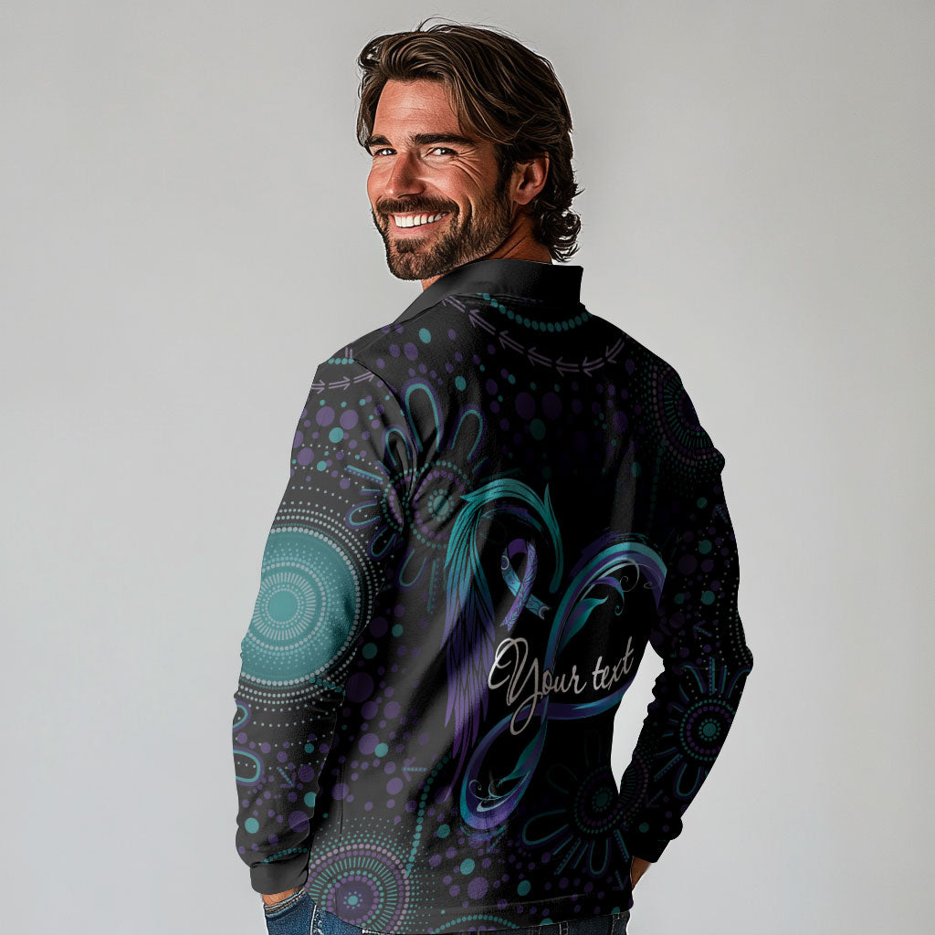 Personalized Australia Indigenous Infinity Heart Long Sleeve Polo Shirt Purple Teal Ribbon You Are Not Alone
