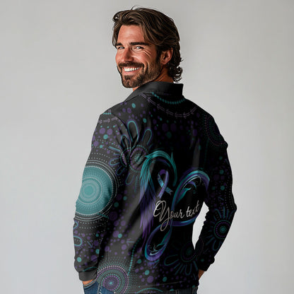 Personalized Australia Indigenous Infinity Heart Long Sleeve Polo Shirt Purple Teal Ribbon You Are Not Alone