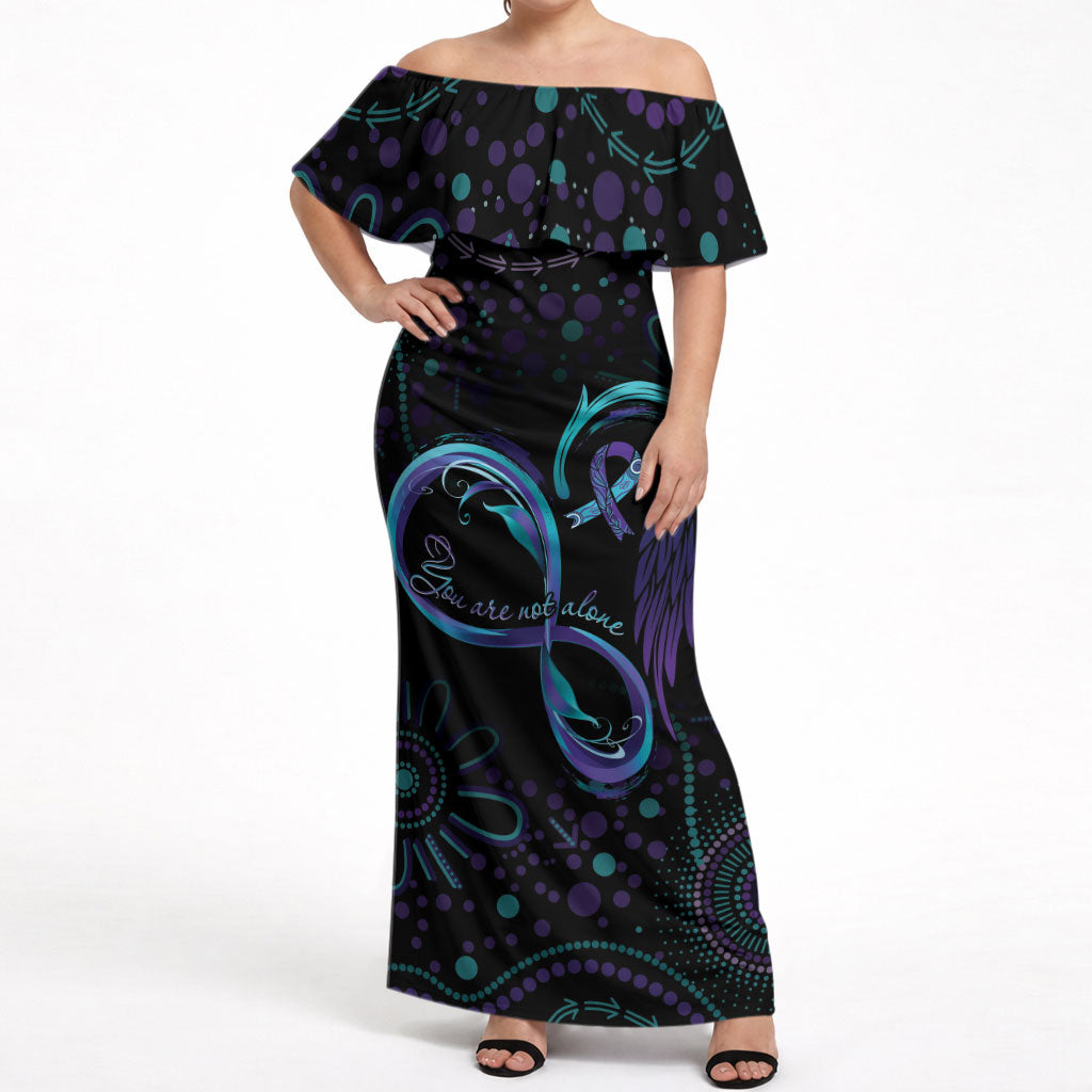 Personalized Australia Indigenous Infinity Heart Off Shoulder Maxi Dress Purple Teal Ribbon You Are Not Alone