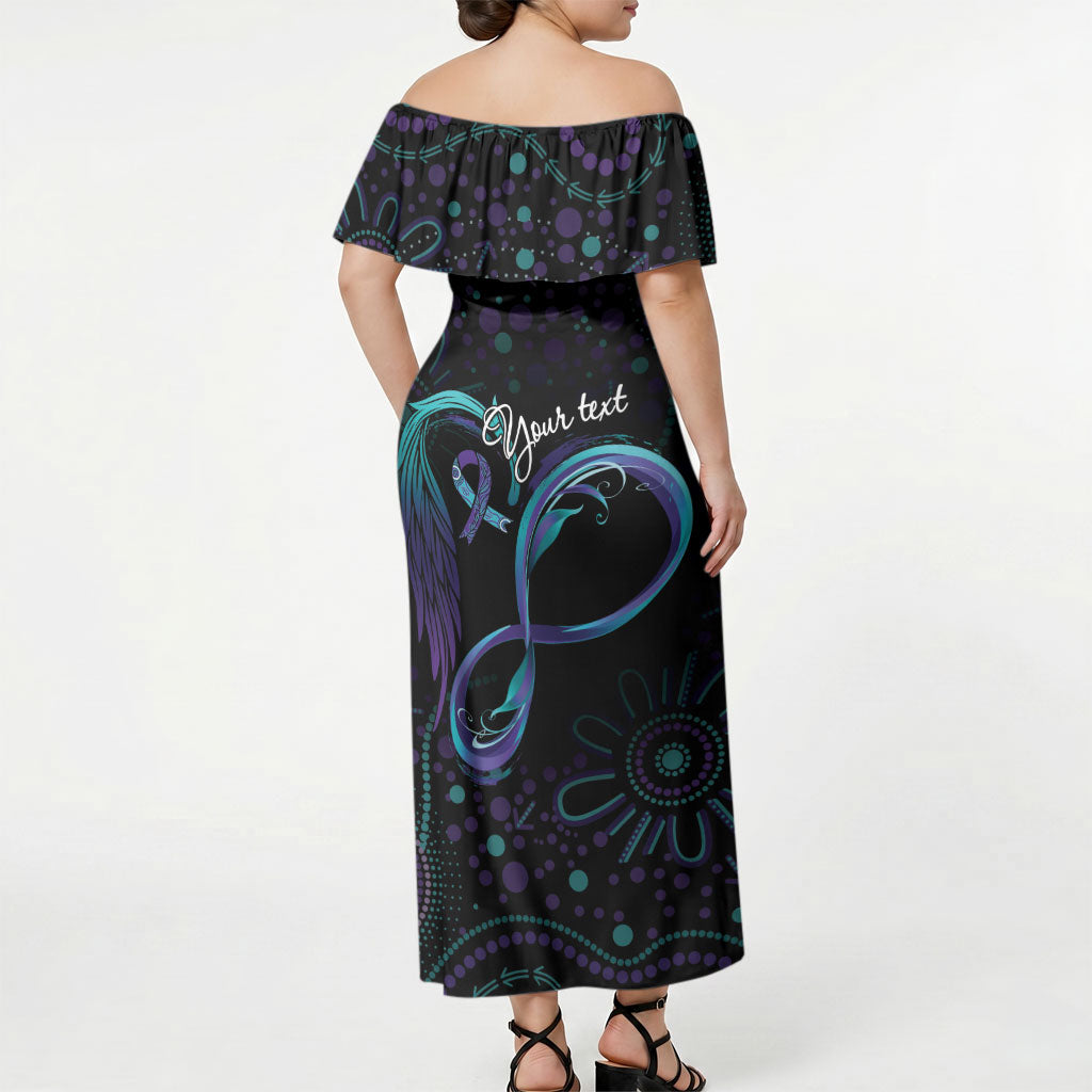 Personalized Australia Indigenous Infinity Heart Off Shoulder Maxi Dress Purple Teal Ribbon You Are Not Alone