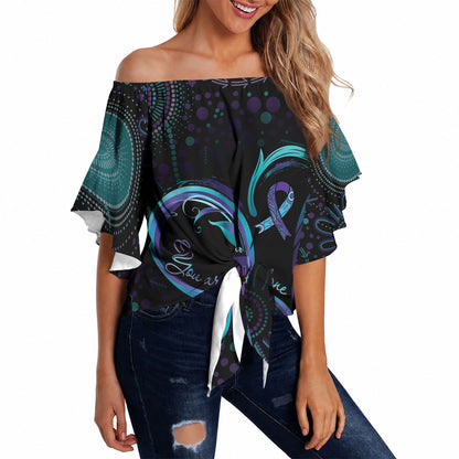 Personalized Australia Indigenous Infinity Heart Off Shoulder Wrap Waist Top Purple Teal Ribbon You Are Not Alone