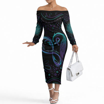 Personalized Australia Indigenous Infinity Heart Off The Shoulder Long Sleeve Dress Purple Teal Ribbon You Are Not Alone