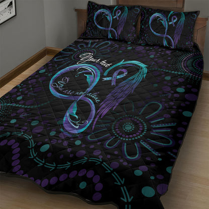 Personalized Australia Indigenous Infinity Heart Quilt Bed Set Purple Teal Ribbon You Are Not Alone