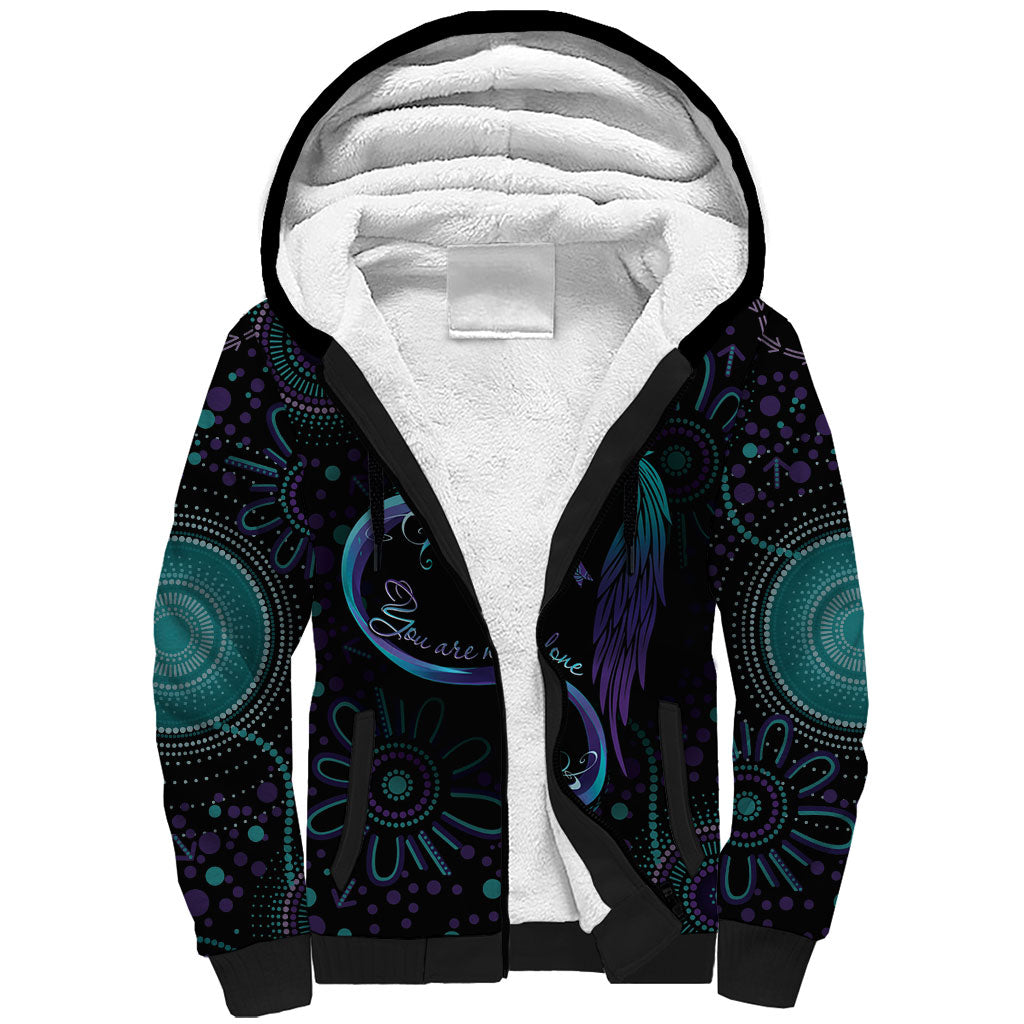 Personalized Australia Indigenous Infinity Heart Sherpa Hoodie Purple Teal Ribbon You Are Not Alone