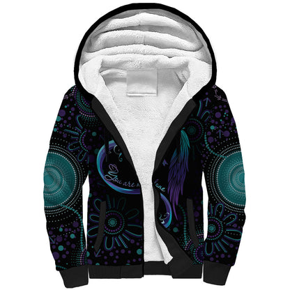 Personalized Australia Indigenous Infinity Heart Sherpa Hoodie Purple Teal Ribbon You Are Not Alone