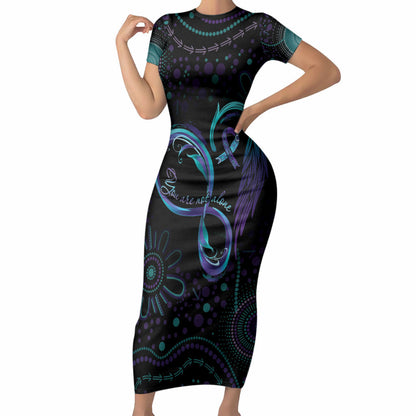Personalized Australia Indigenous Infinity Heart Short Sleeve Bodycon Dress Purple Teal Ribbon You Are Not Alone