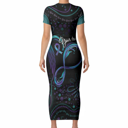 Personalized Australia Indigenous Infinity Heart Short Sleeve Bodycon Dress Purple Teal Ribbon You Are Not Alone