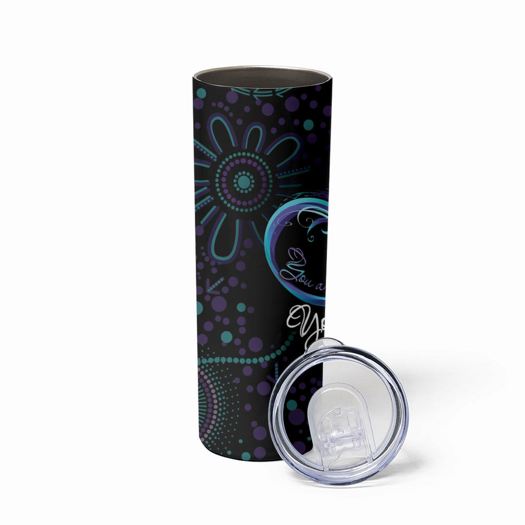 Personalized Australia Indigenous Infinity Heart Skinny Tumbler Purple Teal Ribbon You Are Not Alone