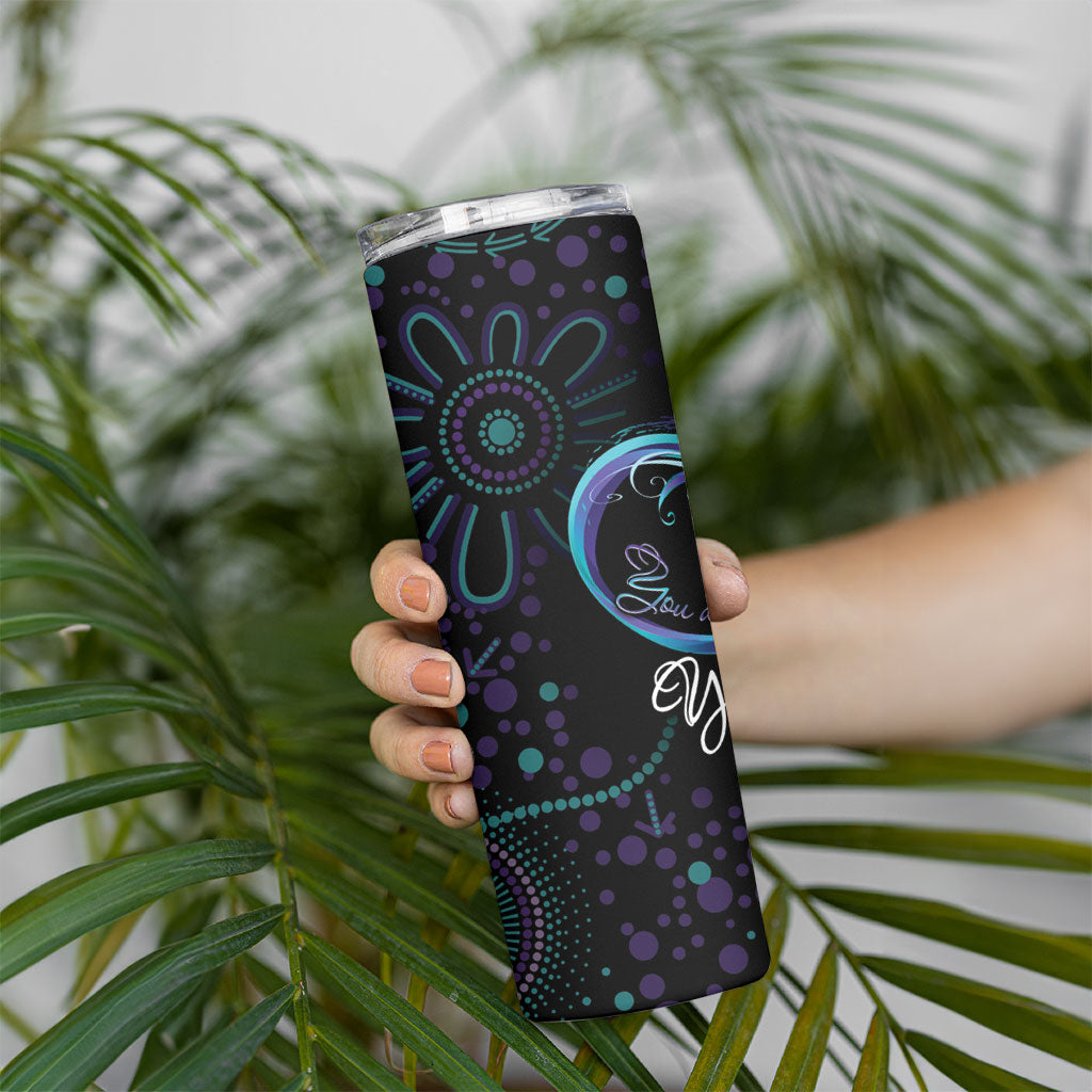 Personalized Australia Indigenous Infinity Heart Skinny Tumbler Purple Teal Ribbon You Are Not Alone