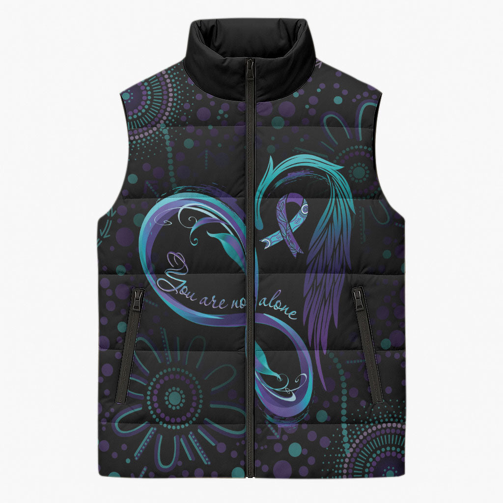 Personalized Australia Indigenous Infinity Heart Sleeveless Puffer Jacket Purple Teal Ribbon You Are Not Alone